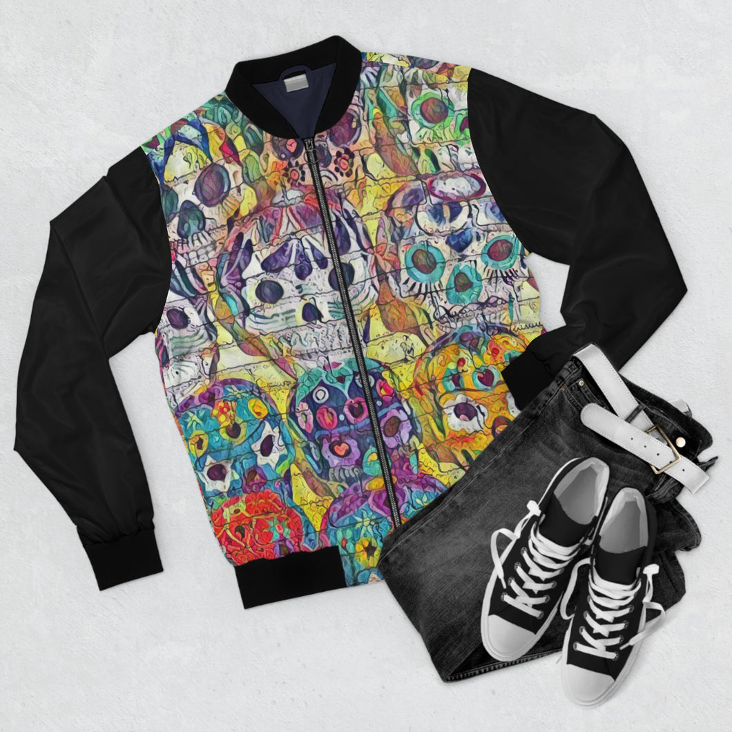 Day of the Dead Skull Bomber Jacket (Black/Full Print) XS Printify All Over Prints - Tracy McCrackin Photography