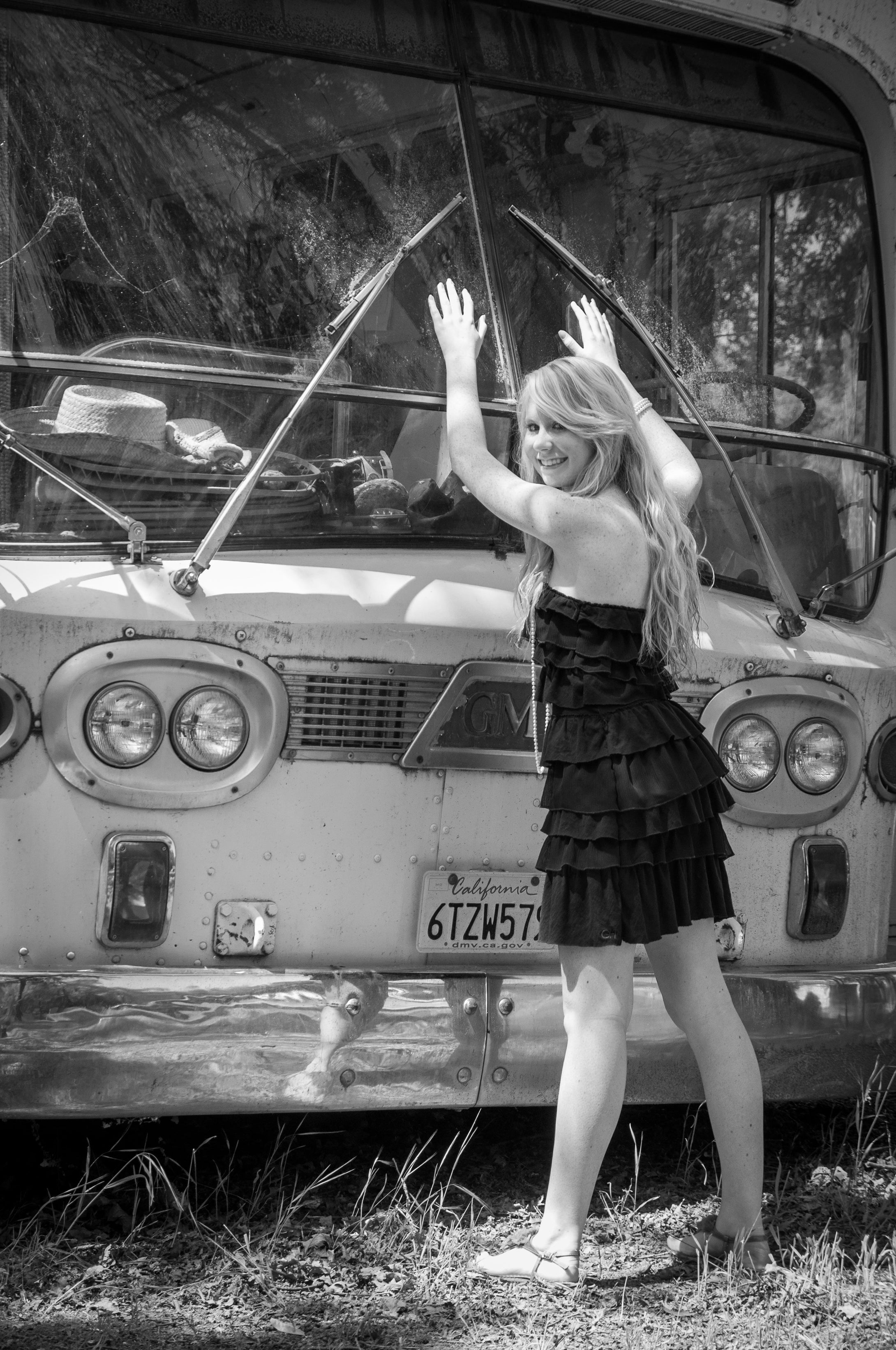 girl-with-hands-on-bus Giclee / B&W / 5 x 7 Tracy McCrackin Photography - Tracy McCrackin Photography