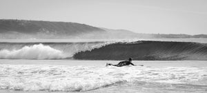 Into the Abyss Panorama: Surfer Paddling into Newport's Grand Waves Tracy McCrackin Photography Wall art - Tracy McCrackin Photography